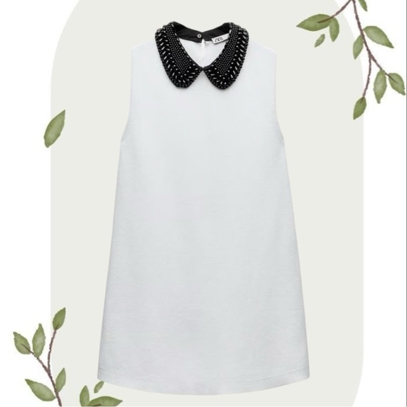 Zara White Knit Sleeveless Mini Dress w/ Dramatic Beaded Bib Collar- Size Small - Picture 1 of 7